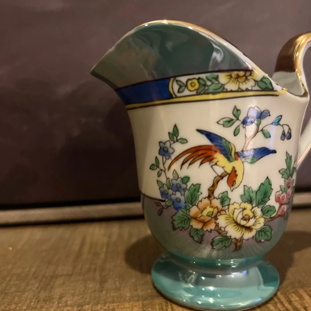 Vintage Noritake Hand Painted Lusterware Cream Blue White Birds Flower Japan